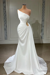 White Long Mermaid One Shoulder Satin Formal Prom Dress