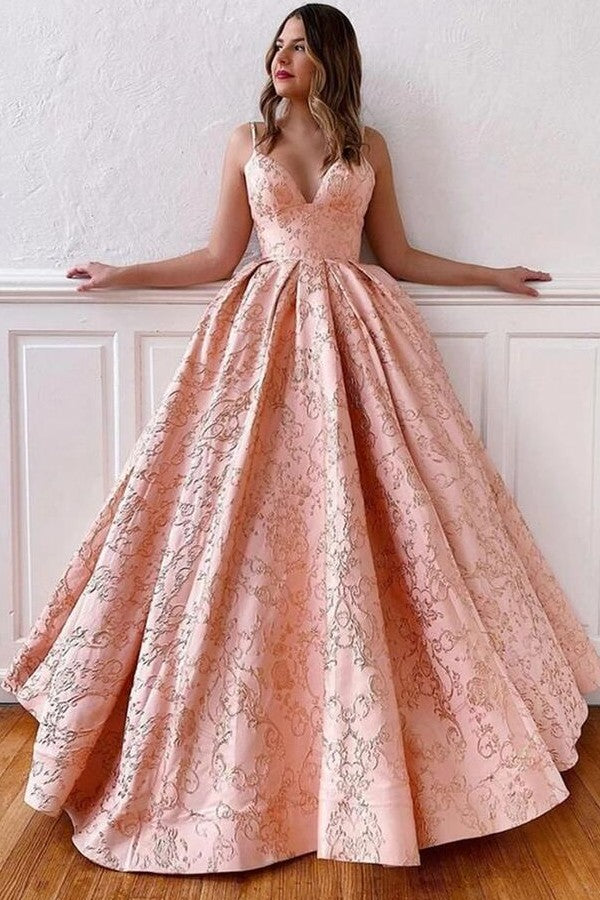 A-line V-neck Spaghetti Straps Backless Floor Length Ruffles Satin Prom Dress