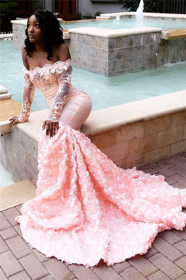 Long Sleeves Off the Shoulder Appliques Lace Mermaid Prom Dress