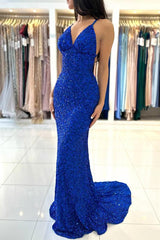 Royal Blue Long Mermaid V-neck Backless Sequined Formal Prom Dresses