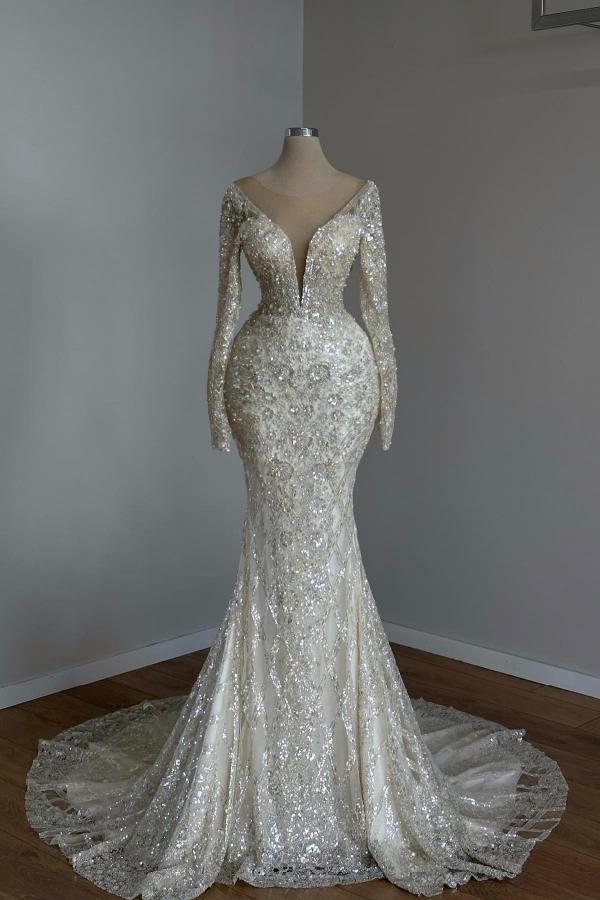 Ivory Long Mermaid V-neck Court Train Tulle Lace Wedding Dresses with Sleeves