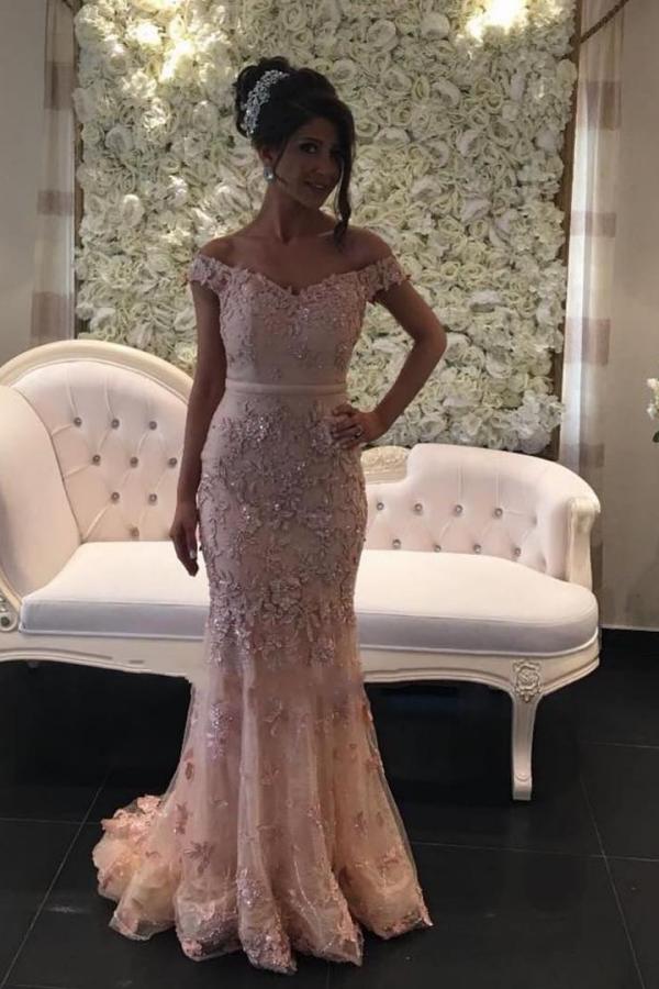 Long Off the Shoulder Appliques Lace Ruffles Mermaid Prom Dress