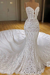 Elegant Long Spaghetti Straps Appliques Lace Mermaid Wedding Dresses