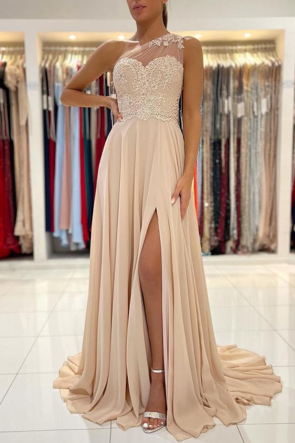 Simple Long A-line Chiffon One Shoulder Front Slit Prom Dress