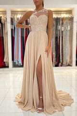 Simple Long A-line Chiffon One Shoulder Front Slit Prom Dress