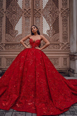 Long Sweetheart Appliques Lace Floor Length Ruffles Ball Gown Prom Dress