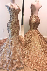 Long V-neck Satin Open Back Mermaid Prom Dress