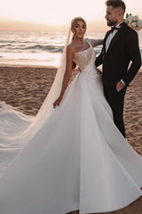 One Shoulder Long Sleeve Sequins Satin A-line Wedding Dress
