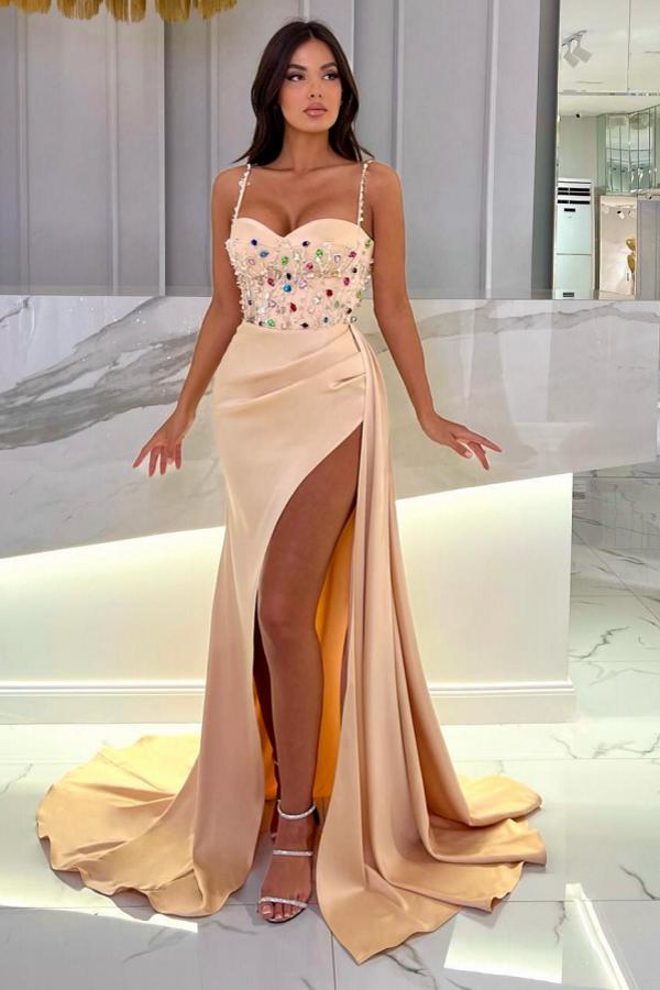 Sexy Long Mermaid Sweetheart Satin Beading Formal Prom Dresses with Slit