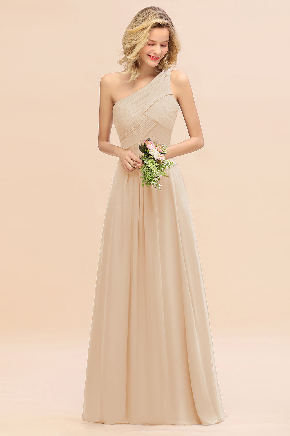 Elegant A-line Chiffon Ruffles One Shoulder Long Bridesmaid Dress