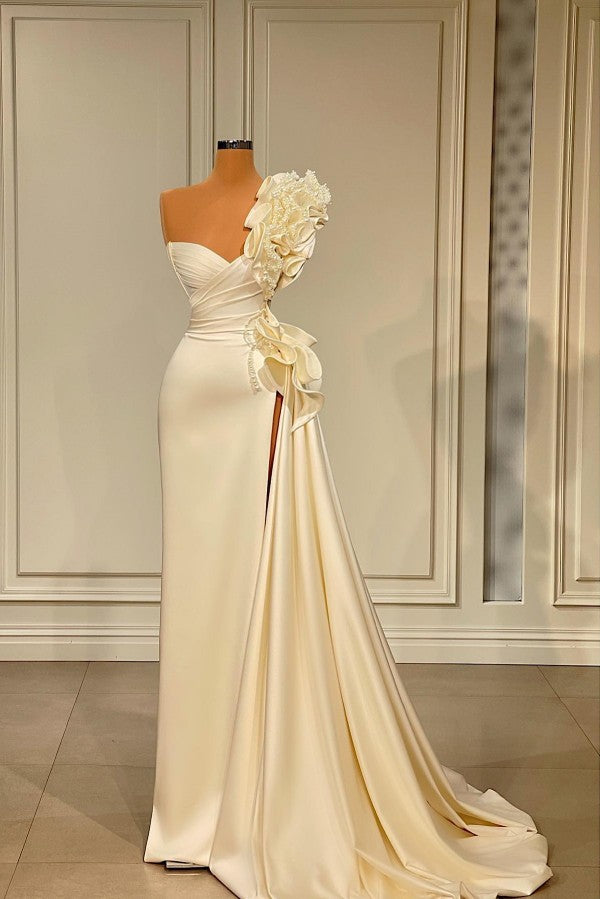 Ivory Asymmetrical Strapless Sleeveless Satin Prom Dress with Ruffles