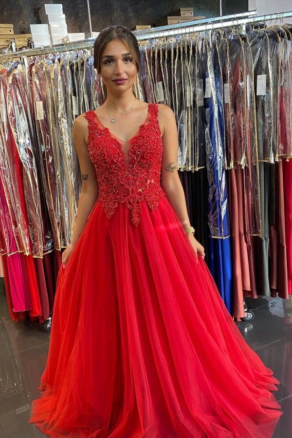 Long A-line V-neck Appliques Lace Backless Tulle Floor Length Prom Dress
