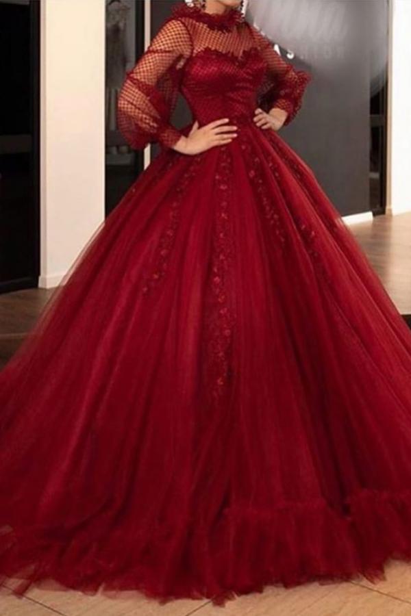 Burgundy Long Sleeve Appliques Lace Tulle Floor Length Ball Gown Prom Dress