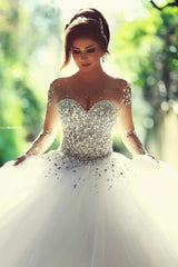 Luxury Long Sleeves Tulle Beading Ball Gown Wedding Dresses