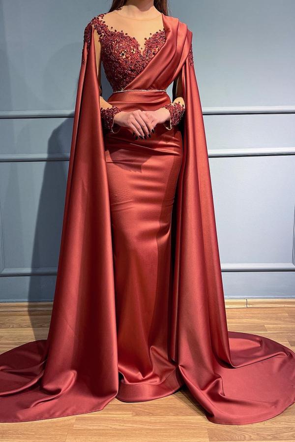 Long Sleeves Mermaid Ruched Satin Beads Formal Evening Dress with Cape