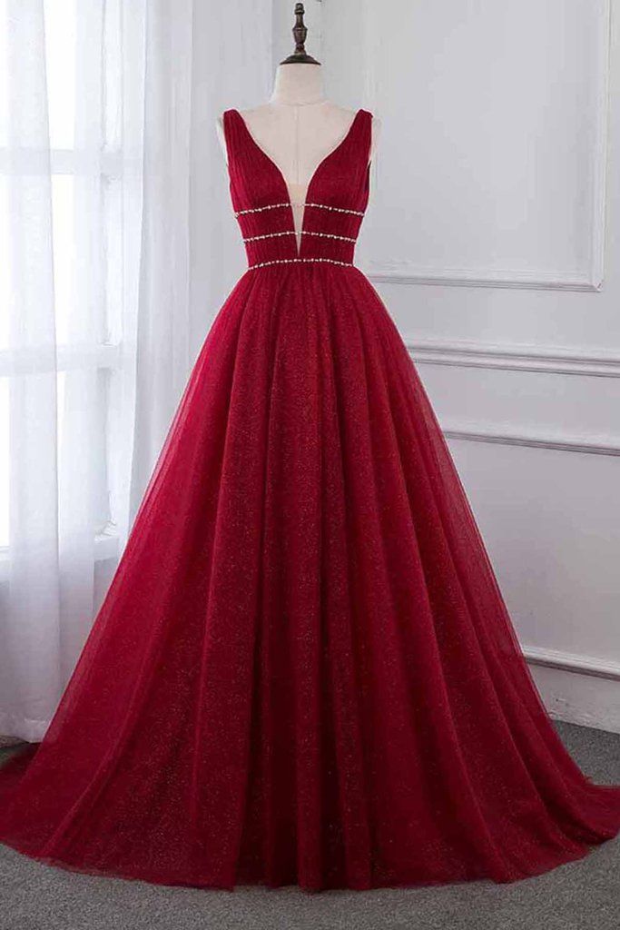 Burgundy Long V-neck Tulle A-line Burgundy Prom Dress