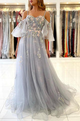Elegant Long A-line Off the Shoulder Tulle Floral Lace Formal Prom Dress