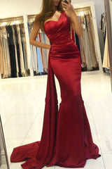Long One Shoulder Ruffles Floor Length Mermaid Prom Dress With Side Slit