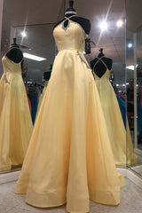 Long Halter Satin A-line Satin Backless Prom Dress