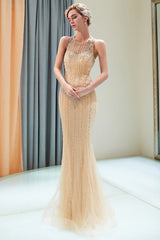 Long Jewel Tulle Beaded Mermaid Formal Evening Dresses
