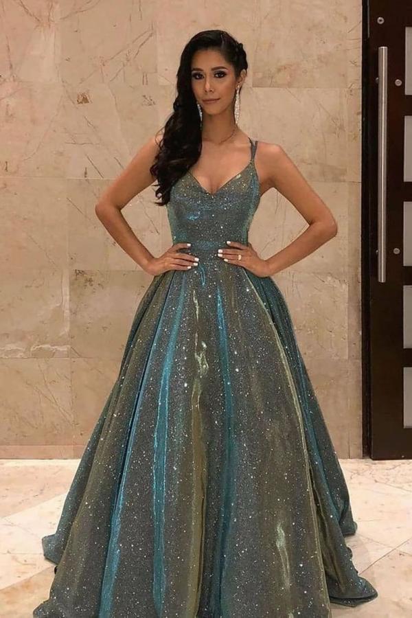 Long A-line V-neck Backless Floor Length Prom Dress With Ruffles