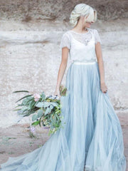 Two Piece A-line Long Sweep Train Tulle Wedding Dresses	 with Short Sleeves