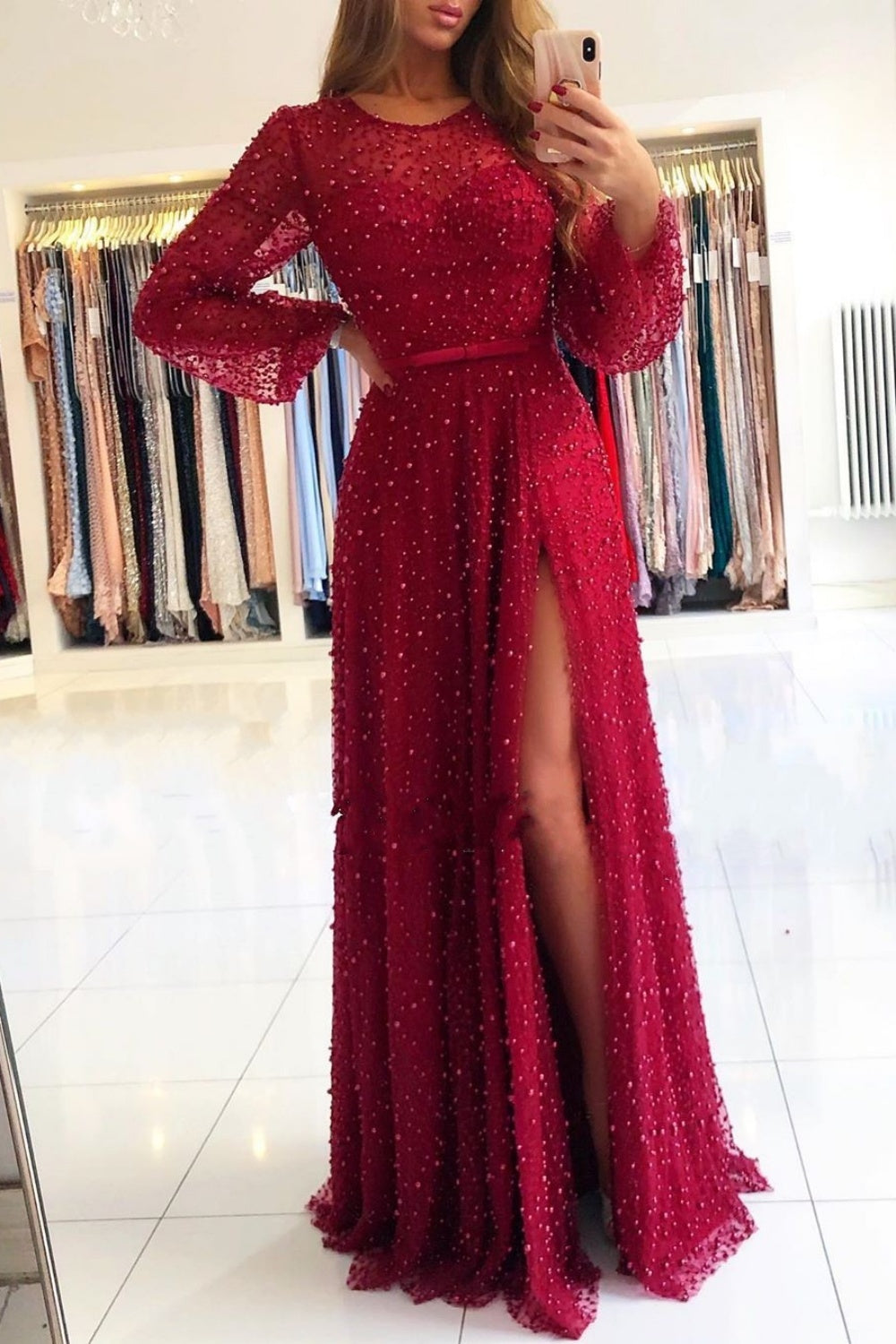 Burgundy Jewel Long Sleeve A-Line Prom Dresses with Slit