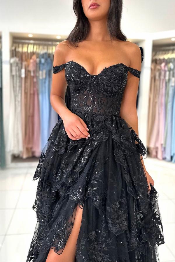 Off The Shoulder Sweetheart Lace A-Line Long Prom Dress with Slit