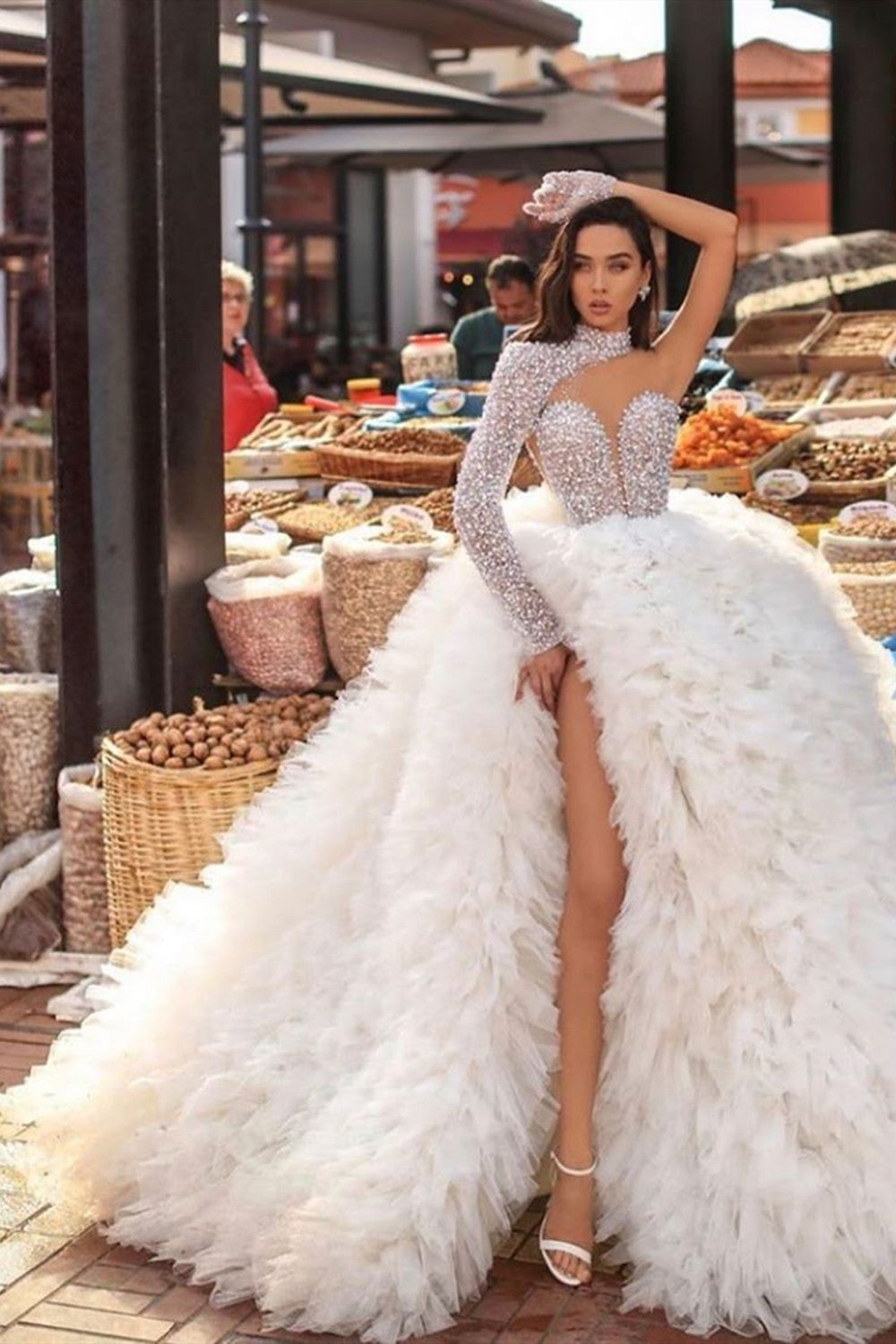 Sexy Long Ball Gown One Shoulder Feather Sequins Tulle Wedding Dress with Slit