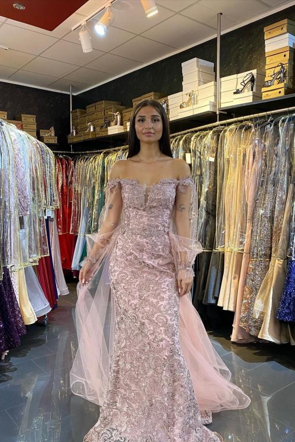 Sweetheart Long Sleeve Off the Shoulder Appliques Lace Tulle Mermaid Prom Dress