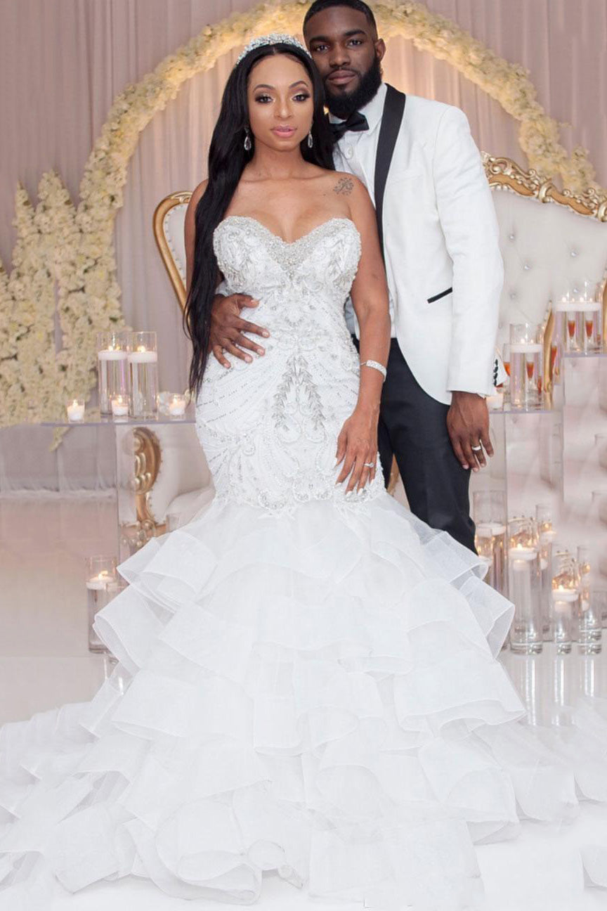 Luxury Long Strapless Ruffles Beaded Mermaid Wedding Dress