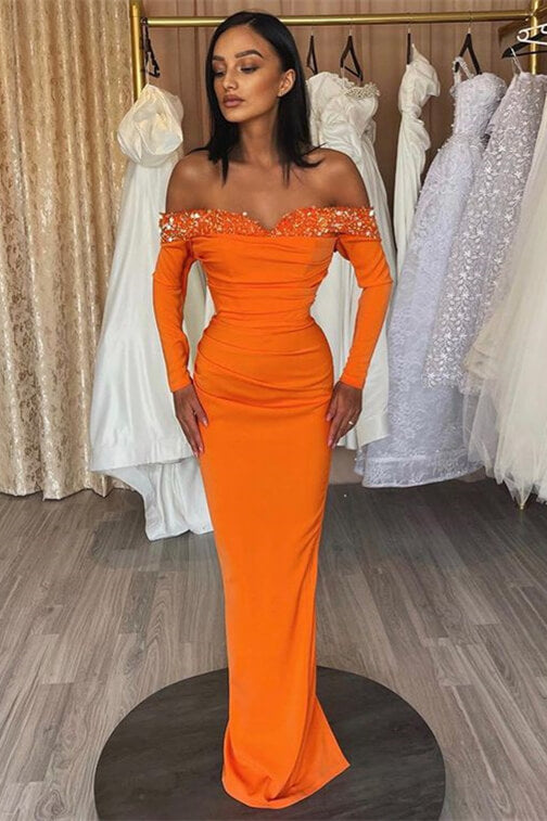 Orange Long Sleeves Mermaid Satin Beads Off the Shoulder Prom Dress