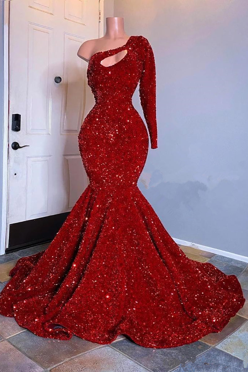 Long Mermaid One Shoulder Sequins Prom Dress with Sleeves