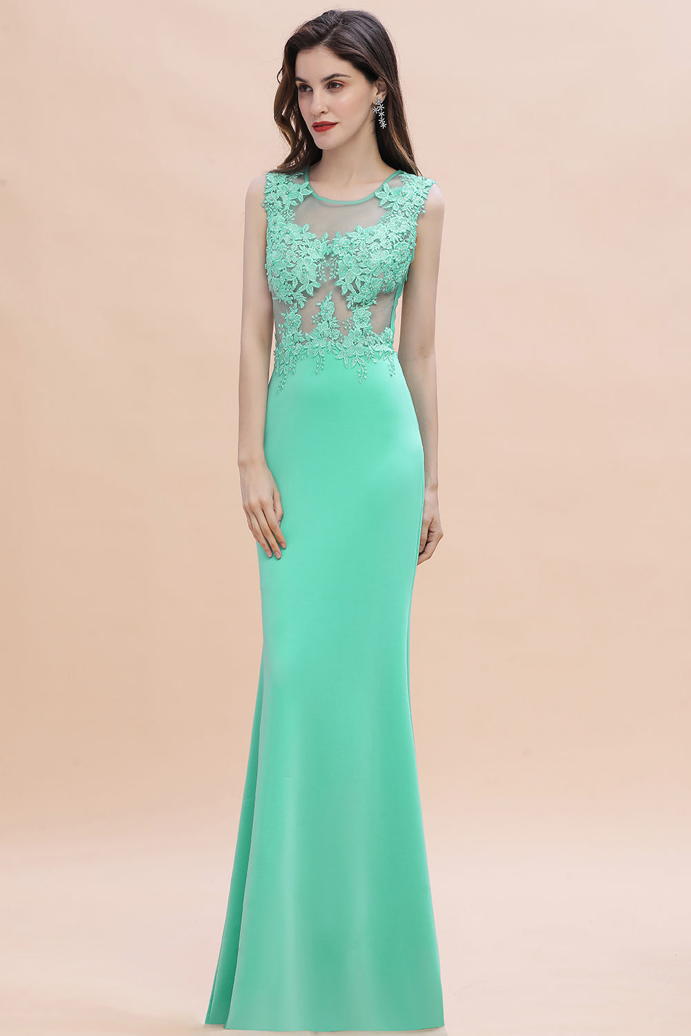 Charming Satin Crew Neck Lace Appliques Mermaid Sleeveless Long Bridesmaid Dress