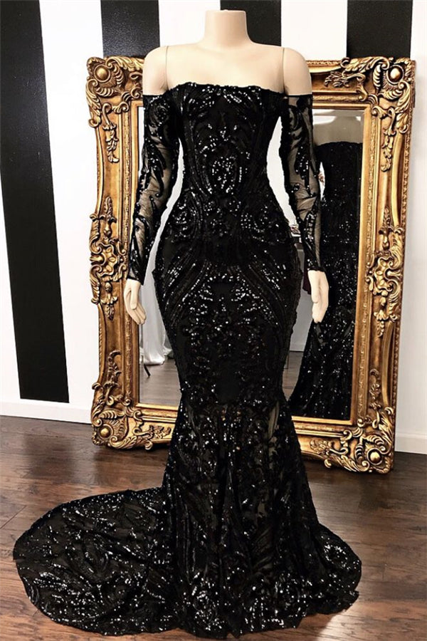 Off the Shoulder Long Sleeves Mermaid Sweep Train Prom Dresses