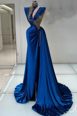 Royal Blue Mermaid Halter Satin Long Appliques Prom Dresses with Split