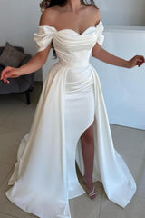 Unique Mermaid Off the Shoulder Sweetheart Satin Long Wedding Dress with High Split