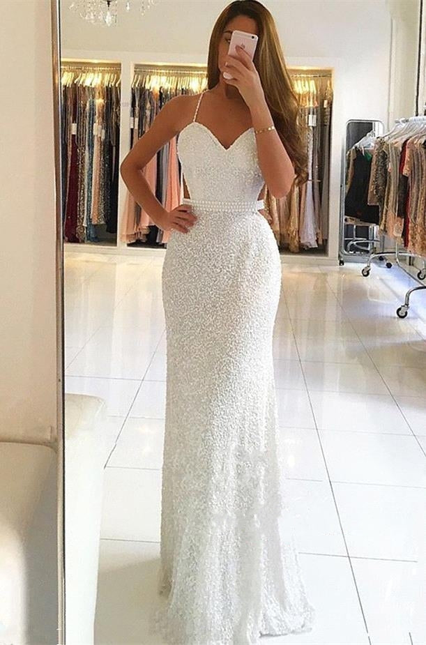 Long Mermaid Sweetheart Spaghetti Straps Tulle Beaded Prom Dress