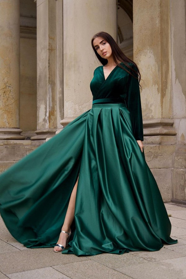 A-line Velvet V-neck Long Sleeves Formal Evening Dress with Slit