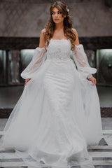 Elegant Mermaid Strapless Tulle Lace Long Appliques Wedding Dress with Sleeves