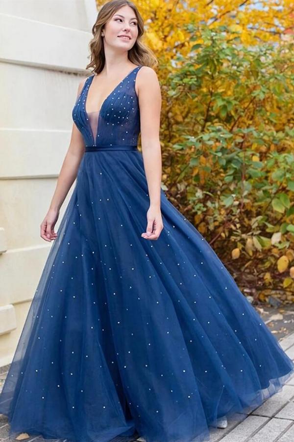 Elegant Long V-neck Wide Straps A-line Floor Length Tulle Ruffles Prom Dress