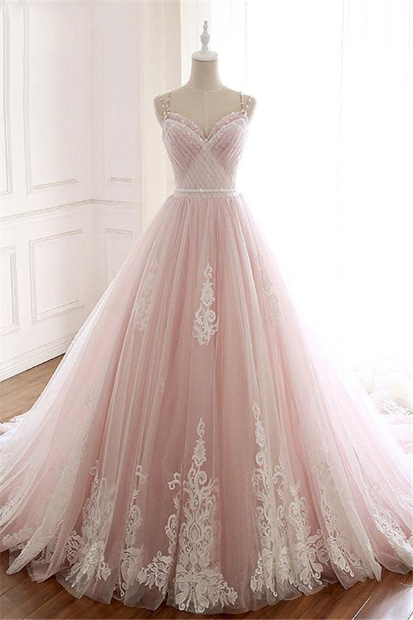 Long Spaghetti Straps Tulle A-Line Appliques Lace Floor Length Prom Dress