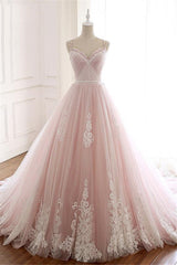 Long Spaghetti Straps Tulle A-Line Appliques Lace Floor Length Prom Dress