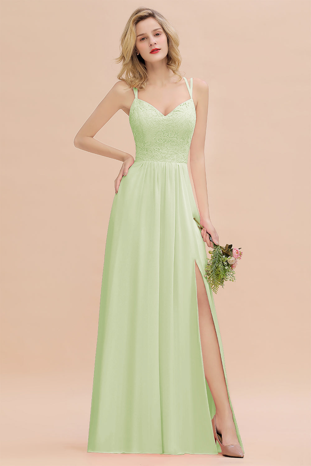 Beautiful A-Line Chiffon Spaghetti Straps Sweetheart Floor Length Split Bridesmaid Dress