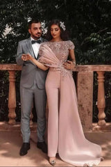 Short Sleeves Jumpsuit Evening Dress Long Prom Dress with Train