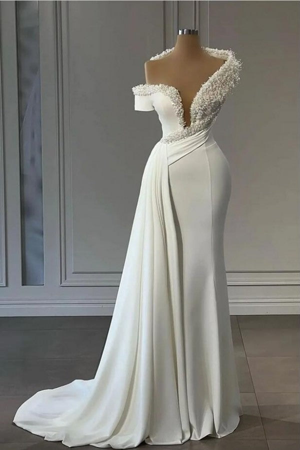 White Long Mermaid V-neck One Shoulder Satin Beading Prom Dress