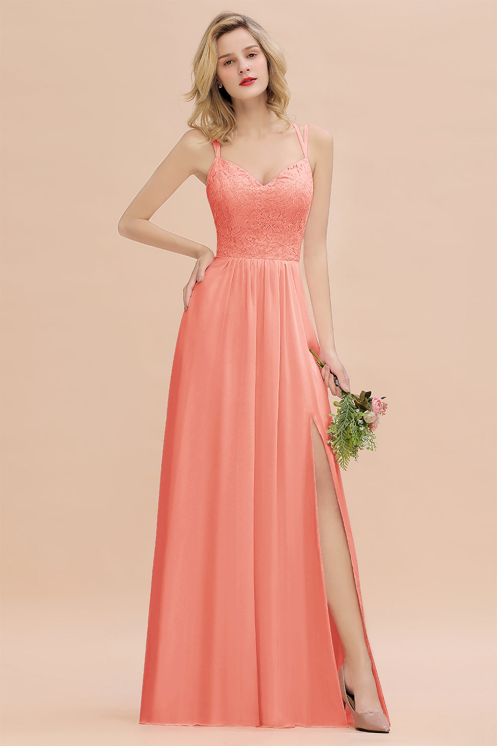 Beautiful A-Line Chiffon Spaghetti Straps Sweetheart Floor Length Split Bridesmaid Dress