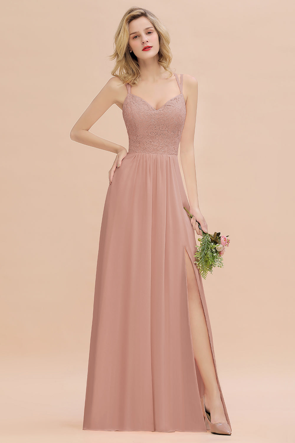 Beautiful A-Line Chiffon Spaghetti Straps Sweetheart Floor Length Split Bridesmaid Dress