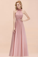 A-line Chiffon Halter Sleeveless Ruffled Floor Length Bridesmaid Dress