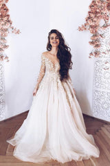 A-line Sweetheart Appliques Lace Ruffles Wedding Dress with Long Sleeves